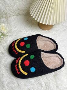 Papuci de pluș brodați cu față zâmbitoare și litere pentru femei, stil drăguț și plin de viață, ținute casual și de toamnă/iarnă pentru casă, papuci de pluș cu vârful deschis, antiderapanți, îngroșați, de iarnă, papuci de pluș unisex, care pot fi purtați în aer liber - Negru - Vizualizare 4