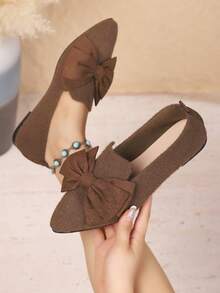 Sapatilhas Femininas Respiráveis de Cor Sólida, Elegantes e Fashionistas para Uso Diário, Bico Fino com Laço, Escritório, Férias, Primavera/Verão/Outono