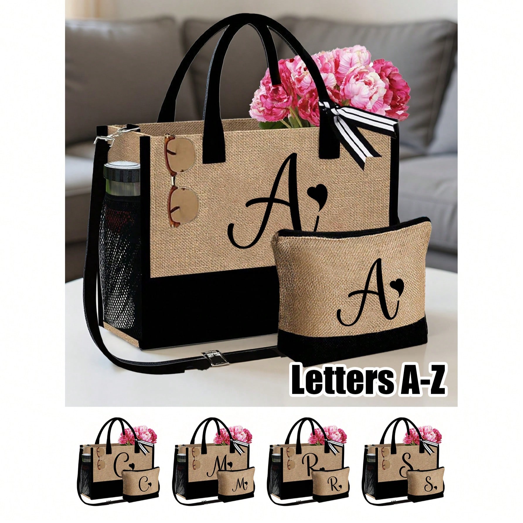 Bolso de playa para mujer con correa para el hombro, sombrero de playa y bolsa de cosméticos, bolsa de accesorios de playa con letras A-Z, bolsa de r