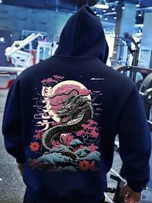 Krometka Men's Autumn/Winter Black Dragon & Cherry Blossom Print Hoodie, Unique Japanese Style - Navy Blue - View 3