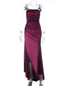 WOWDARK Women's Autumn Fashion Ruched Satin Split Hem Dress, Christmas - Burgundy - View 11