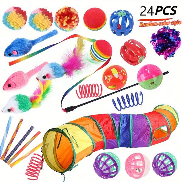 Conjunto de brinquedos interativos para gatos com 24 peças, túnel dobrável, varinha de penas artificiais e bolas amassadas - Conjunto de brinquedos multiestimulantes para gatos domésticos - Brinquedos sortidos de poliéster duráveis - Presente perfeito para amantes de gatos