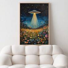 1件，帆布壁挂，带框墙饰，复古太空飞船，UFO野花墙饰，复古花卉油画，花卉外星人信徒墙饰——一份巧妙又时尚的礼物。复古家居装饰，适用于房间装饰、卧室装饰、宿舍装饰、客厅装饰。 - 彩色 - 查看 7