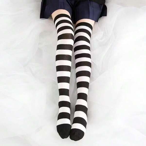 1 Pair Women's Striped Knee High Socks, Fashion Colorful Stripes, Thigh Socks, Long Socks, Girls Socks, Party Socks, Dance Socks, Punk Style, Rockstar, For Daily Wear