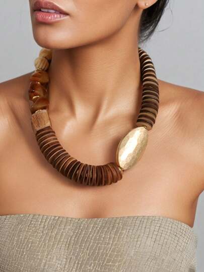 1 chiếc vòng cổ hạt gỗ giả, thích hợp làm quà tặng dự tiệc và đeo hàng ngày cho phụ nữ