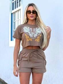 Women's Cropped Top And Shorts Set - Mocha Brown - View 1