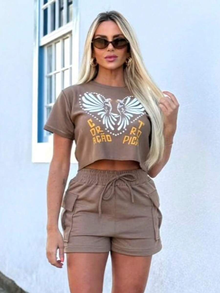 Women's Cropped Top And Shorts Set - Mocha Brown - View 1