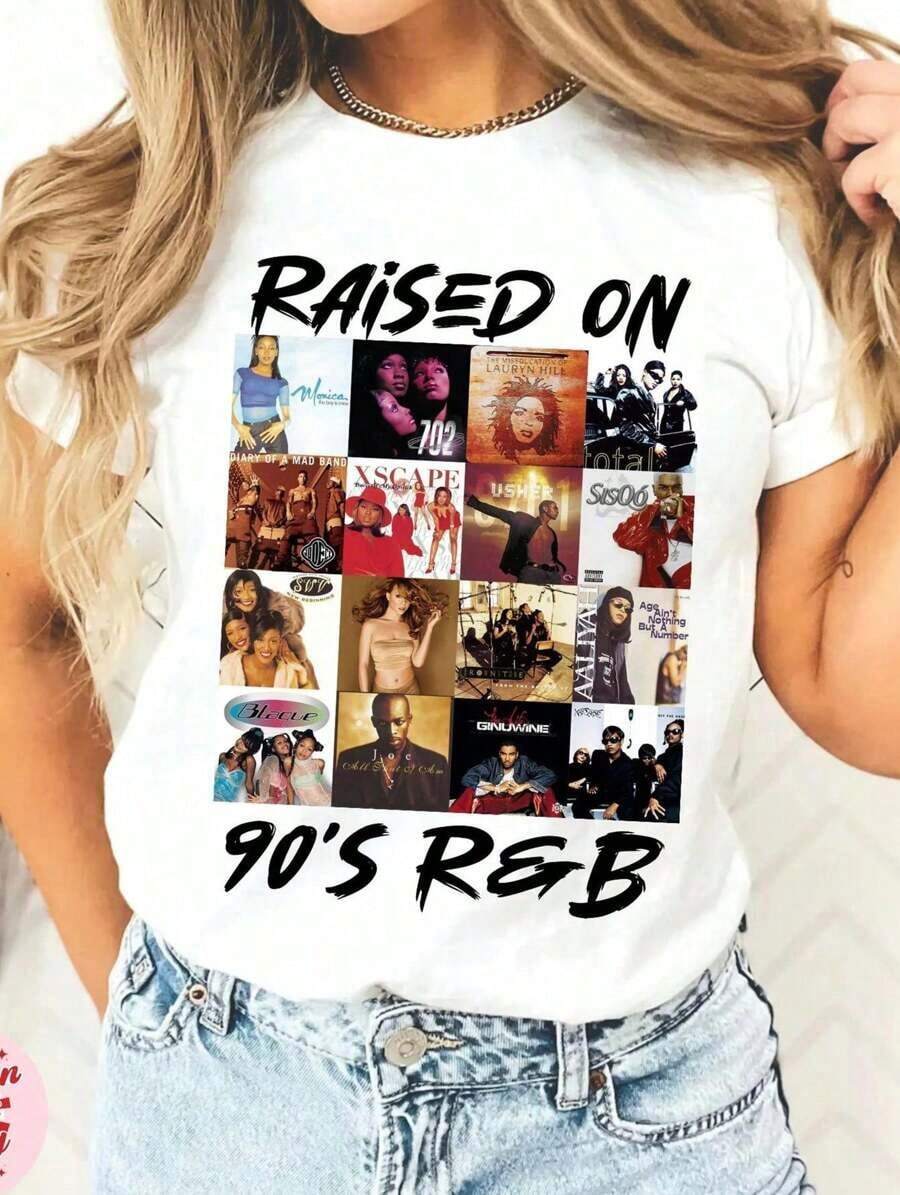 Vintage Raised On 90s R&B Hip Hop 2000 Tv Show Graphic Design T-Shirt - Rapper Rap Graphic Tee | Y2K Bootleg Oversized Aesthetic | Casual Loose Fit Cotton Short Sleeve Round Neck Streetwear Top - trắng - Xem 1
