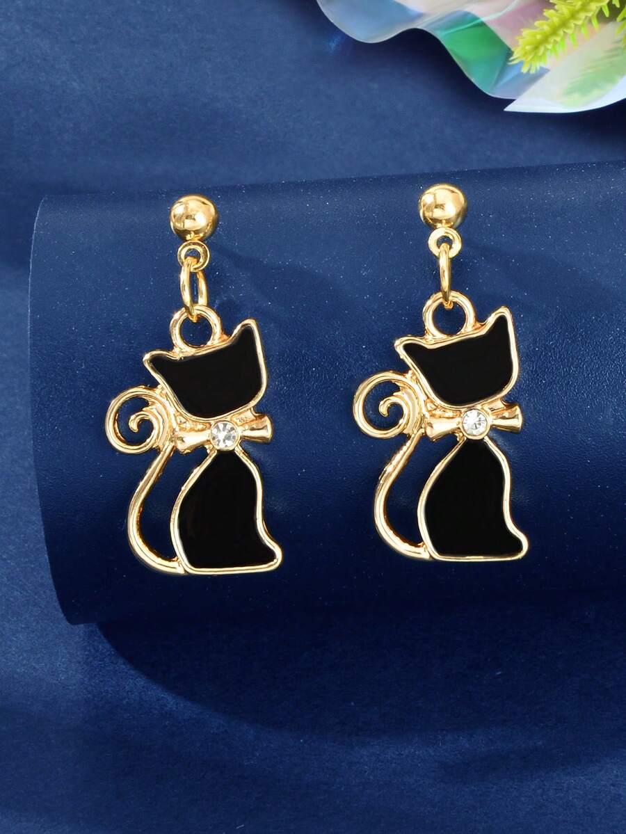 猫形吊坠耳环 - 黑色 - 查看 1