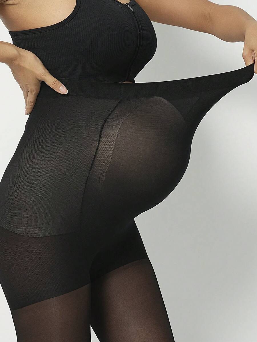 1 o 2 pares de medias de nailon de unicolor de 80D para mujeres embarazadas, con diseño elegante y sexy, alta elasticidad, leggings semitransparentes - Negro - Ver 1