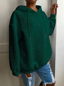 Plus Size Women Loose Casual Solid Color Jacquard Knit Long Sleeve Sweatshirt Spring - Dark Green - View 3