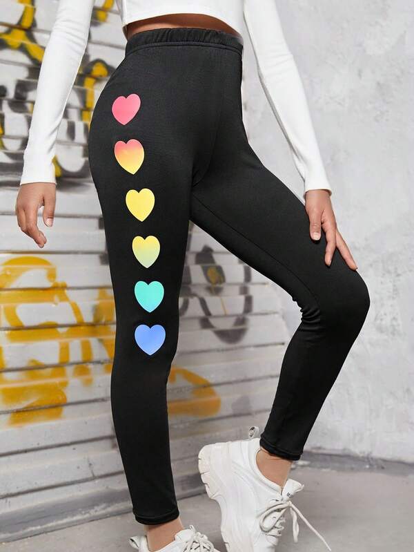 Girls' Gradient Heart Print Leggings, Snug Fit, Comfortable, Slim-Fit, Cropped Pants, Suitable For Casual, Sports, Yoga, Children
