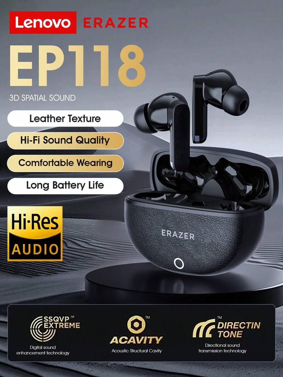 Lenovo 联想 ERAZER 无线蓝牙耳机，无线设计，超长续航，降噪，防水，适合运动和游戏，男女通用，型号 EP118 - 黑色 - 查看 1