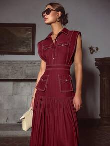 Sollinarry Đầm nữ không tay xếp ly có túi, kiểu dáng mới mùa thu, đầm Giáng sinh, trang phục công sở cho nữ, trang phục giáo viên cho nữ, đầm hè thanh lịch - Đỏ - Xem 2