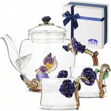 BTaT - Floral Glass Set Adults, Service 2, Fancy Glass Pot8 Oz Cups2 Oz Blue Flower Design With Box, Pot Sets Women