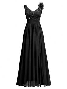 MIUSOL Elegant Women's Sequin Floral Lace Sweetheart Neck Maxi Dress, Sleeveless With Applique Shoulder, Ruched Chiffon Split Thigh Hem, Perfect For Formal Evening Party, Wedding Guest, Birthday - 黑色 - 查看 7