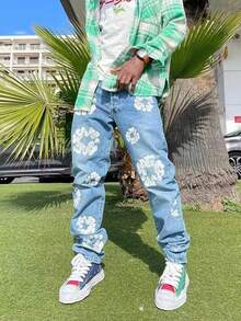 Women's Denim Jeans Fall Winter Casual Commuter Flower Print Baggy Pants Trousers Ladies Fall Fashion Casual Women Jean Pants  Halloween    All    Regular Fit    Pocket  Zipper - Màu xanh lam - Xem 4