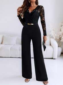 ChicMe 女士金属腰部装饰V领蕾丝长袖连体裤，高腰直筒修身连体裤，适合约会和商务场合