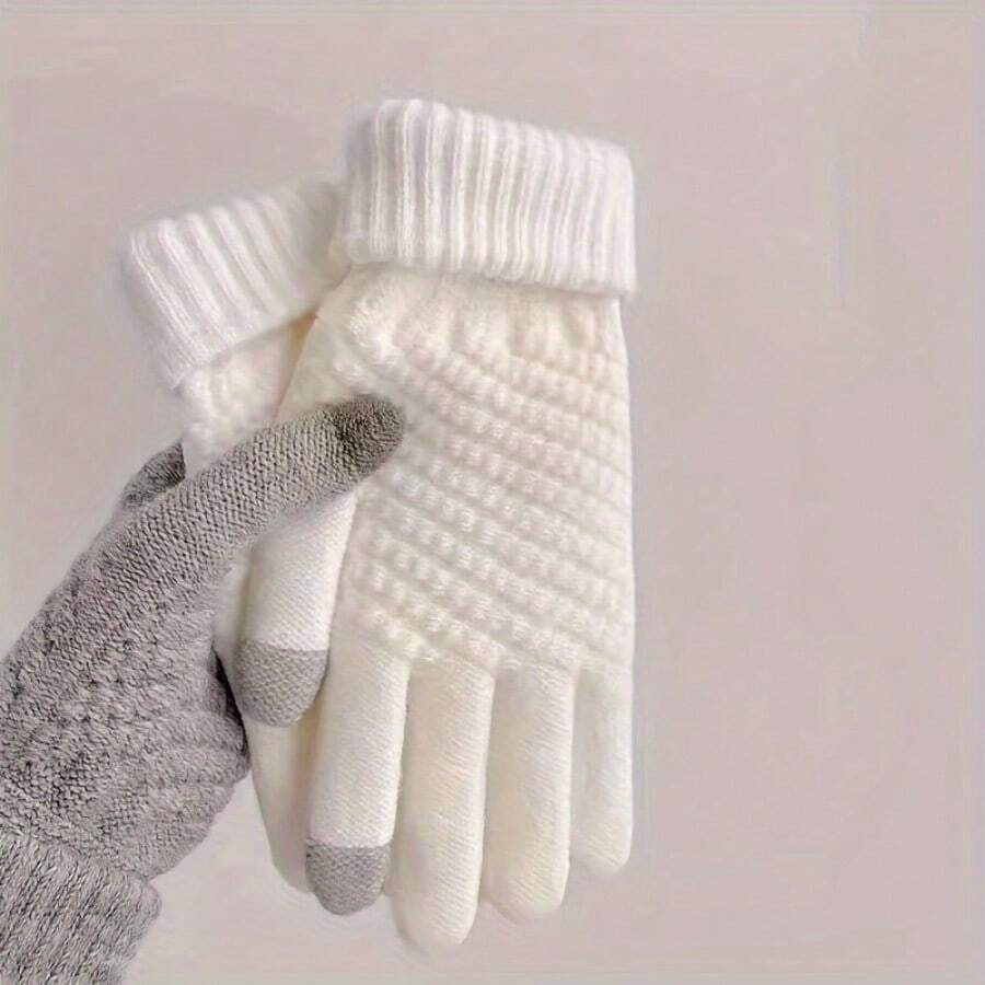 A Pair Of Touchscreen-Compatible Knitted Thermal Gloves - Polyester Knitted Fabric With Stretch Closure For Cycling And Hiking In Autumn And Winter - Hand Washing Recommended - 白色 - 查看 1