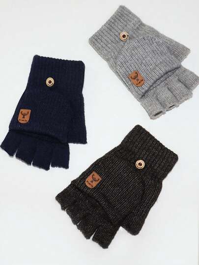 温暖针织翻盖手套，厚实纯色写作手套，学生，秋冬，男士秋季装饰