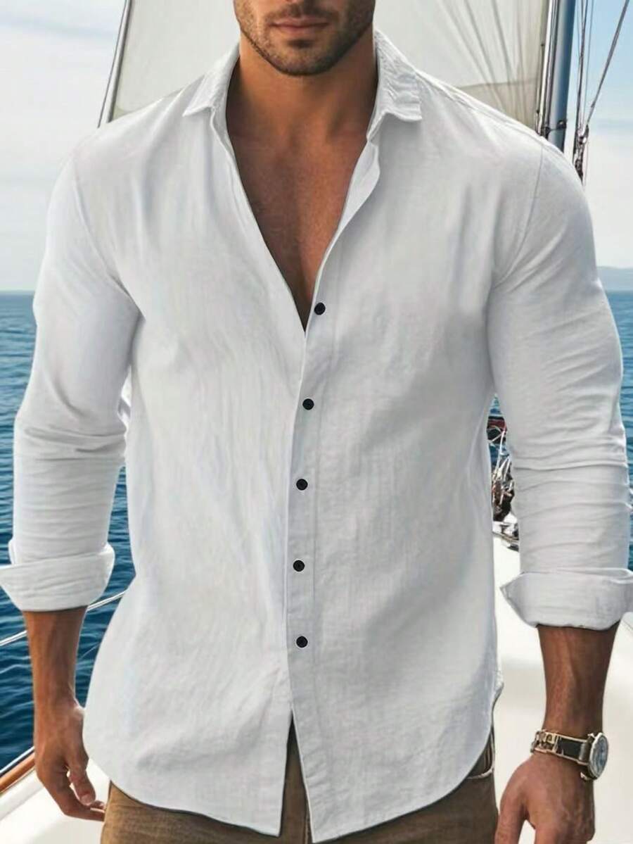 1 pieza Camisa de botones de lino transpirable para hombres, estilo casual elegante adecuado para uso diario, viajes a la playa, cafeterías al aire libre, excursiones de fin de semana y días laborales casuales, otoño