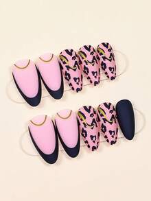 Upgrade Your Look With 24pcs Long Almond Black French Matte Leopard Golden Line Fake Nail & 1pc Nail File & 1sheet Tape Press On Nails Nail Supplies - Multicolor - View 3