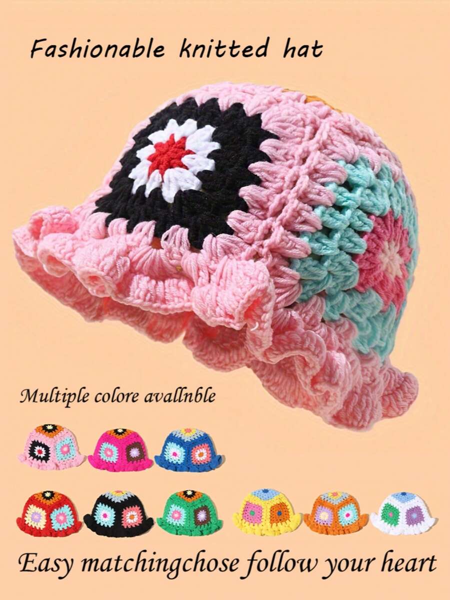 1 pieza Gorro tejido a mano a ganchillo, gorro tejido cálido para mujer, otoño/invierno