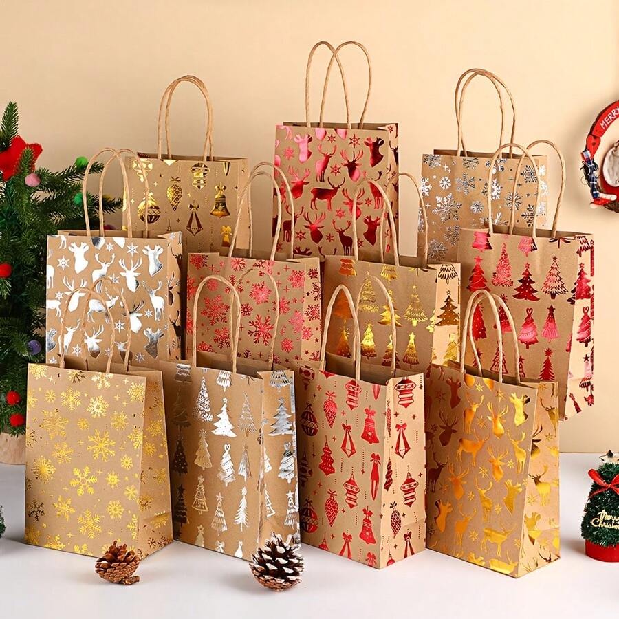 12/24 件圣诞主题礼品袋,12 种什锦图案套装,烫金和压花工艺品,卡通圣诞树、驯鹿、雪花图案,牛皮纸包装,圣诞派对用品 - 金色 - 查看 1