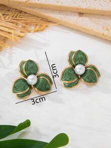 1 Pair Elegant Handmade Green Double-Layer Flower Stud Earrings With Pearls Inlay For Women - Green - View 5
