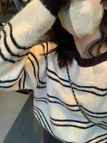 女式简约条纹圆领毛衣，秋冬 - 米色 - 查看 4