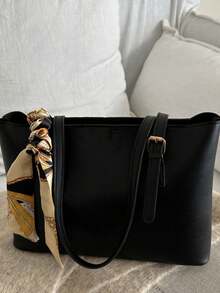 New Luxury Solid Color High-End Versatile Women Shoulder Tote Bag - Black - View 2