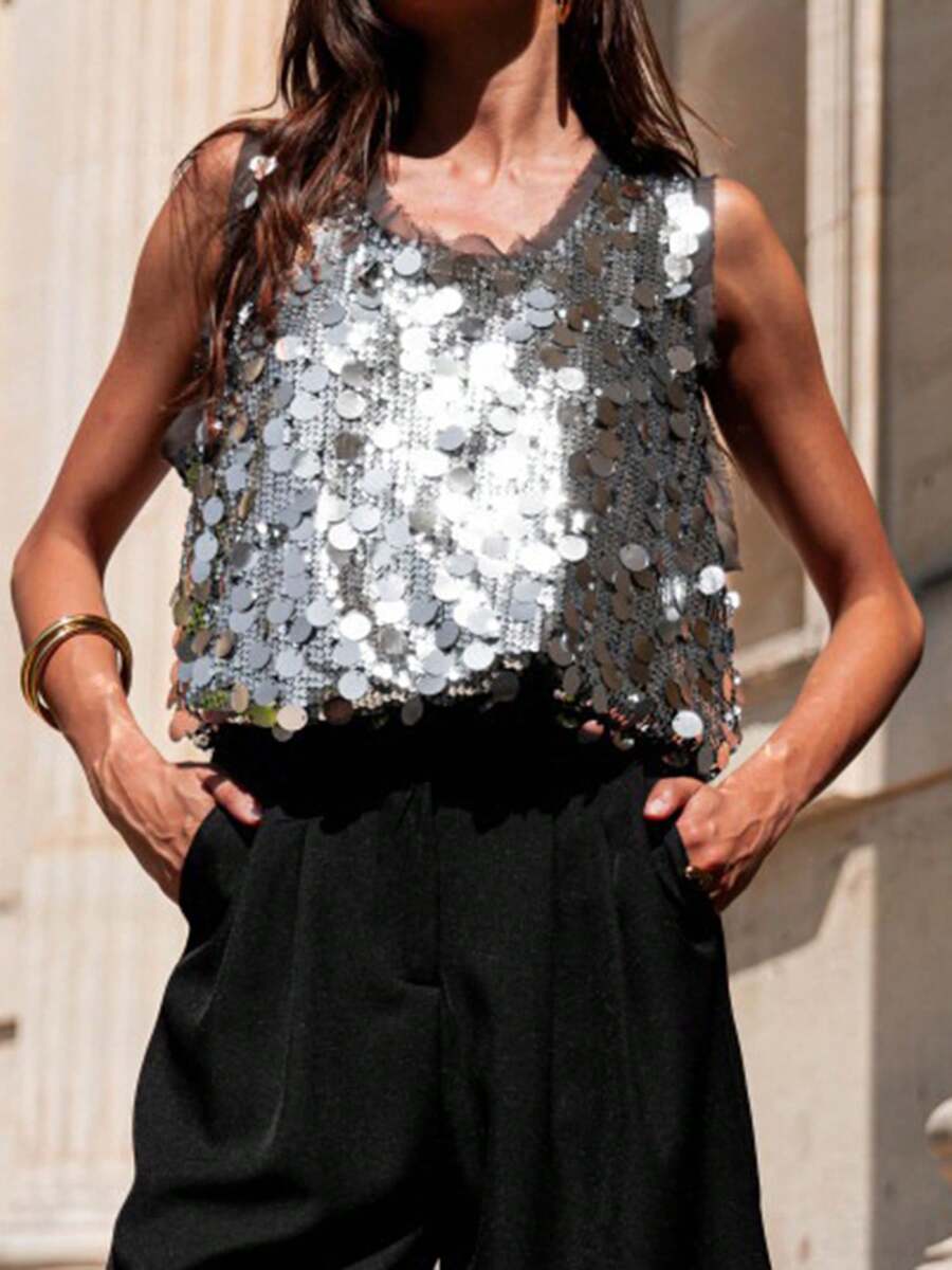 Women's Summer Shiny Sequins Vest Sleeveless Round Neck Fashionable Party Tank Tops - 銀色 - 查看 1
