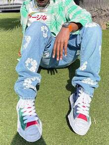 Women's Denim Jeans Fall Winter Casual Commuter Flower Print Baggy Pants Trousers Ladies Fall Fashion Casual Women Jean Pants  Halloween    All    Regular Fit    Pocket  Zipper - Màu xanh lam - Xem 3