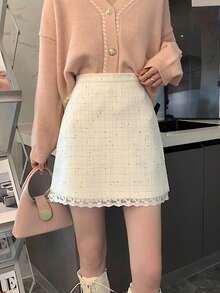 Tweed Small Fragrance High Waist Slimming Lace Patchwork Hip Short Skirt Autumn And Winter - White - View 8