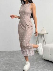 Vestido casual bordado floral elegante corte regular cuello redondo sin mangas verano para fiesta - Caqui - Ver 4