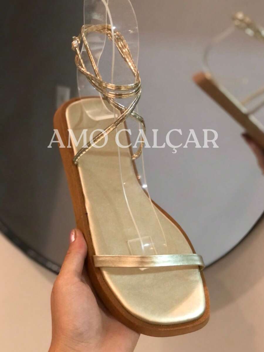 Women's Basic Lightweight Ankle Strap Sandal With String - Vàng - Xem 1