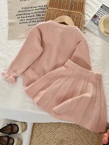 女童可爱蝴蝶结纯色单排扣毛衣上衣和裙子两件套冬季保暖衣服套装小女孩 - 粉色 - 查看 2