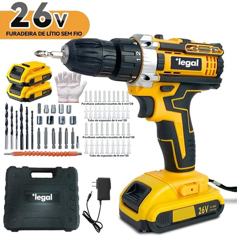 Professional 26V/48V Screwdriver With 2 Batteries, Complete Kit + Case And Accessories (46 Pieces) - Drill-26V-2 Battery - View 1