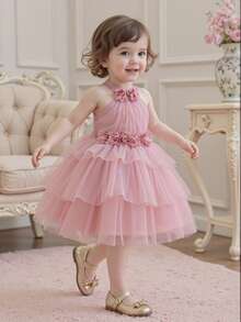 Baby Girls' Elegant Fuchsia Sleeveless Floral 3D Mesh Princess Dress, Adorable Party Gown Suitable For Girl's 1st Birthday, Wedding, Banquet, Holiday, Festival Celebration