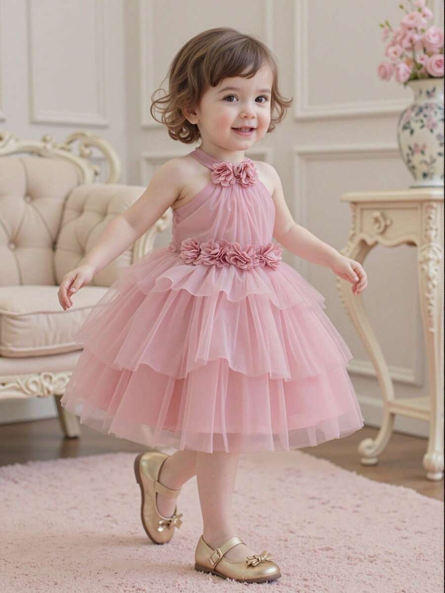 Baby Girls' Elegant Fuchsia Sleeveless Floral 3D Mesh Princess Dress, Adorable Party Gown Suitable For Girl's 1st Birthday, Wedding, Banquet, Holiday, Festival Celebration