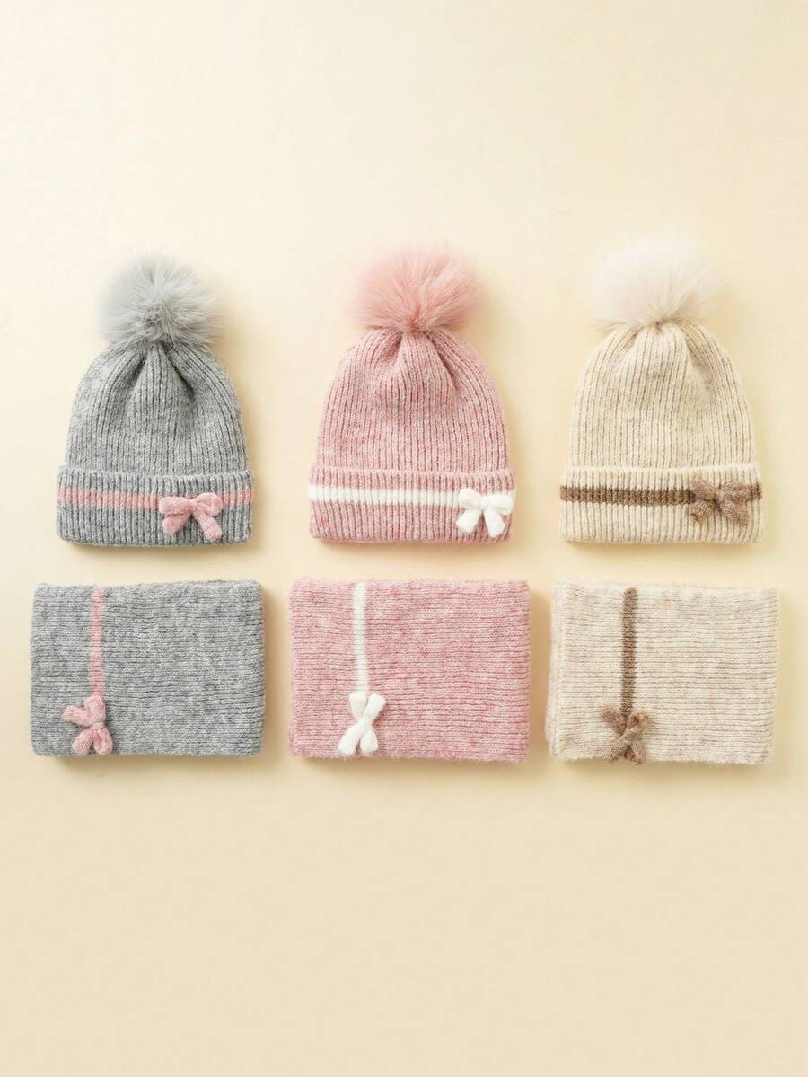 1 Set Kids Cute Bow Pattern Hat + Scarf, Toddler Infant Knitted Pom Pom Hat And Scarf Set, Suitable For Daily Use - Multicolor - View 1