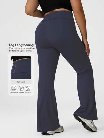 Sodalemon Women Plus Size Fitness Fold Waistband Elastic Training Gym Curvy Leggings Outdoor Casual Tennis Trousers Sport Flare Pants