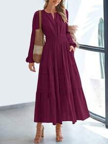 Women Fall Maxi Dresses Long Sleeve High Waist Tiered Flowy A-Line Boho Bohemian Long Dress Beach Holiday Vacation Wedding Guest Valentine Outfit - 酒紅色 - 查看 3