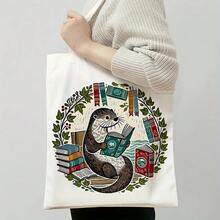 1pc Reading Books Canvas Tote Bag - Reusable Grocery Bags (13.8x15.8), Stylish & Durable Shopping Bag Daily Use, Commuting, School, High-Quality Material, Aesthetic Book Bag, Animal Lovers, Summer Reading Accessory, Lovers| Whimsical Design| Sturdy Handles, Reusable Grocery Bags