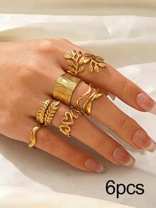 5/6pcs Stainless Steel 18K Gold Plated Minimalist Geometric Heart & Oval Line Open Rings, Suitable For Women Everyday Wear