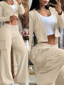 Summer 2pcs/Set Women Fashion Apricot V-Neck Button-Up Cardigan Top Pants With Drawstring Waist | Elegant Casual Y2K Style Lightweight & Comfortable Fabric, Vacation Outfits For Women - 杏色 - 查看 3