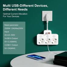 EU Standard Wall Mounted Power Socket With 3 AC Outlets, 3 USB Ports And 1 Type-C Port, 2500W, Individual Switch Control, Black/White, Flexible Short Cord Design, Anti-Bending, Suitable For Various Compact Environments, Widely Spaced Outlets To Avoid Tangling