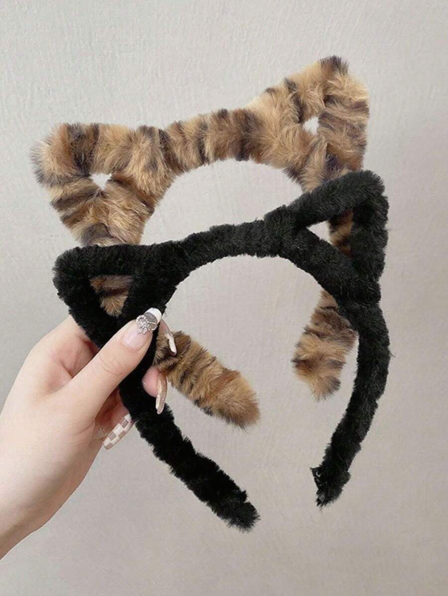 2 piezas Diadema con orejas de gato de felpa para mujer, diadema de felpa con estampado de leopardo y negro a la moda y linda para otoño/invierno, decoración versátil para uso diario, banda para el cabello, aro para el cabello - Multicolor - Ver 1