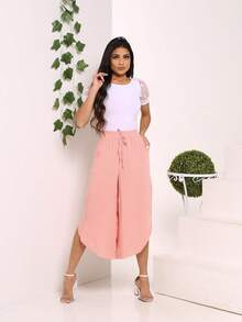 Plain Viscose Pantacurt Pants Simple Knot House - 乾枯玫瑰色 - 查看 8