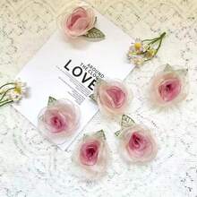 10pcs Pink Sheer Rose Flower Embroidered Patches With Leaves, Handmade 3D Floral Decor, Suitable For Hair Clips And Craft Decoration - Multicolor - View 6